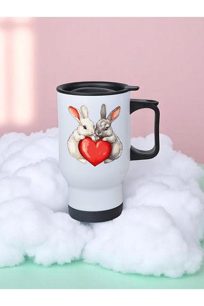lili hediyelik Heart Rabbit Girl Printed Steel Cup Thermos with Handle 450 ml