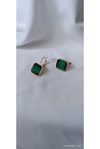 ARİ TAKI Gold&yeşil taşlı kare çelik küpe