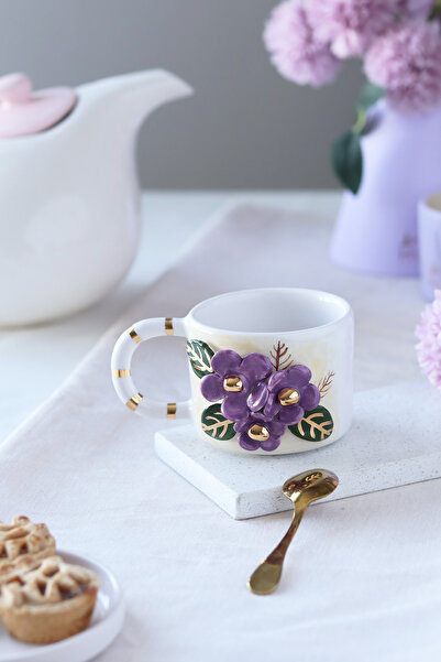 ada mia seramik Handmade Flower Figured 24K Gold Decorated Ceramic Mug 200ml