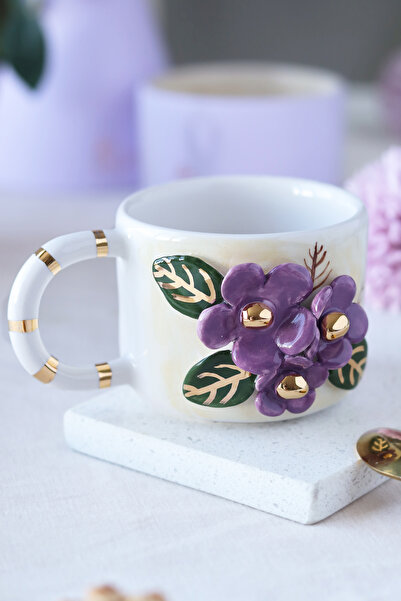 ada mia seramik Handmade Flower Figured 24K Gold Decorated Ceramic Mug 200ml