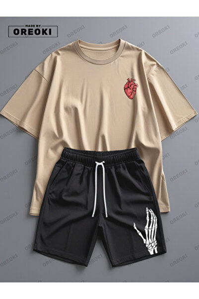 EFFRENATU Life Wish Printed Cotton Fabric Men's Beige T-Shirt-Black Shorts Set