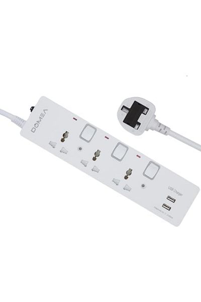 DOMEA 3-Way Power Extension Strip with Individual Switches, 2 USB Ports, Universal Socket Design, 3-