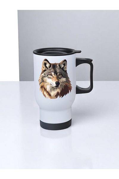 lili hediyelik Charismatic Wolf Printed Steel Cup Thermos with Handle 450 ml