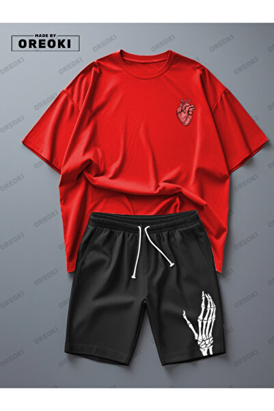 EFFRENATU Life Wish Printed Cotton Fabric Men's Red T-Shirt-Black Shorts Set