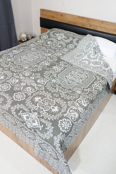 Defne&Apollon İpekçilik 100% Cotton Hand-Woven Floral Patterned Pique 190 X 230 cm - Dark Green