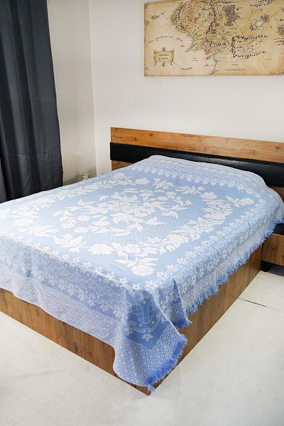 Defne&Apollon İpekçilik 100% Cotton Hand-Woven Bird Patterned Tasseled Pique 190 X 225 cm - Blue