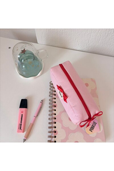 PİNKUE Pink Ribbon Kalemlik - Soft Pembe & Kırmızı Detaylı