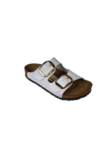 Yaz Kış Ayakkabı Yazkiş Women's Black White Mink Matte Skin Double Gold Buckle Cork Sole Slippers