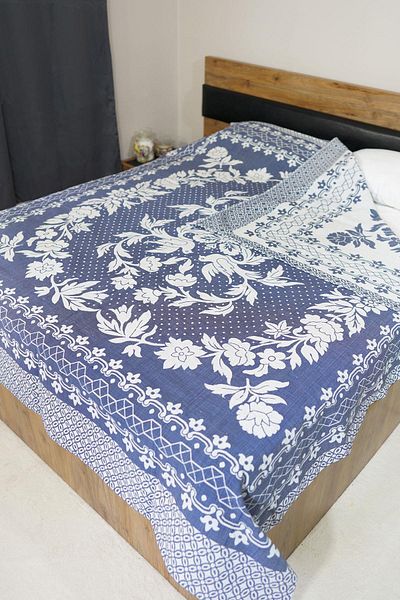 Defne&Apollon İpekçilik 100% Cotton Hand Woven Bird Patterned Pique 190 X 225 cm - Blue