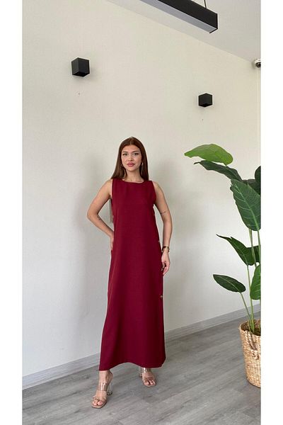 modadagiyim Rochie midi din in, fără mâneci, cu nasturi laterale și fante, foarte elegantă