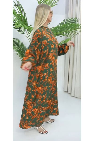 AKŞEN GİYİM Plus Size 100% Cotton Side Pockets Flower Printed Sleeves Elastic Half Button Long Dress