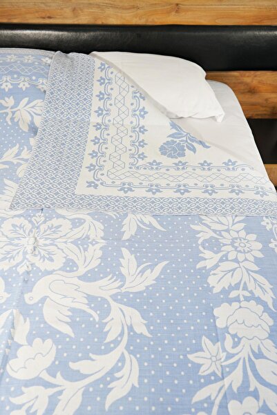 Defne&Apollon İpekçilik 100% Cotton Handwoven Bird Patterned Pique 190 X 225 cm - Light Blue