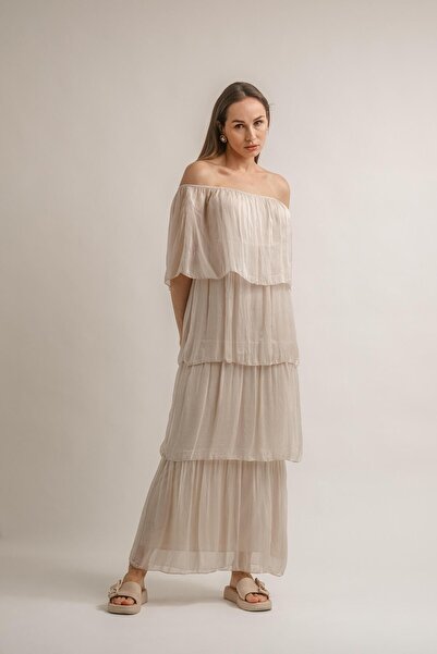 Vals KAYIK YAKA KATLI UZUN İPEK ELBİSE