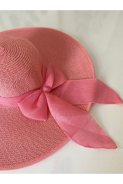 Petek Collection Wide Pink Straw Beach Hat with Bow