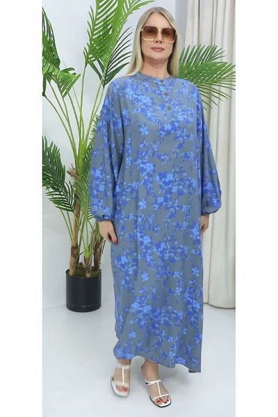 AKŞEN GİYİM Plus Size 100% Cotton Side Pockets Flower Printed Sleeves Elastic Half Button Long Dress