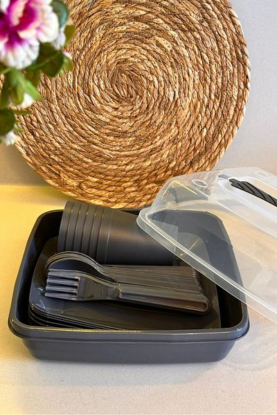 Makri 32 Piece Multi-Purpose Picnic Set – with Storage Container Body |   Includes Plate, Fork, Spoon, Knife and Cup