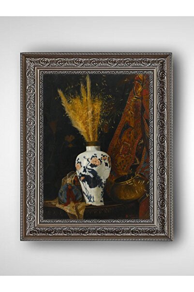 WoodyArts Beyaz Vazoda Çiçekler Osman Hamdi Bey - Gri Vintage Çerçeve