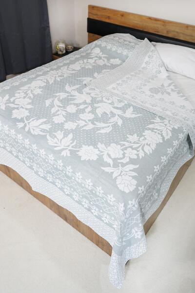 Defne&Apollon İpekçilik %100 Pamuk El Dokuması Kuş Desenli Pike 190 x 225 cm - Buz Mavi