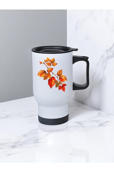 lili hediyelik Dried Branch Printed Steel Cup Thermos with Handle 450 ml