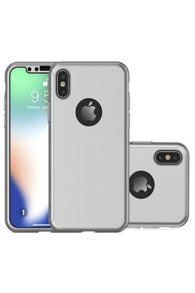 OEM Carcasă Apple iPhone X, Full Body argintie, acoperire completă la 360 de grade cu folie de protecție din sticlă gratuită
