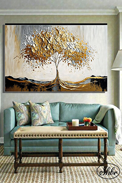 Şehber Tekli Yatay Kanvas Dekoratif Duvar Tablosu Altın Varaklı Ağaç İllüstrasyon