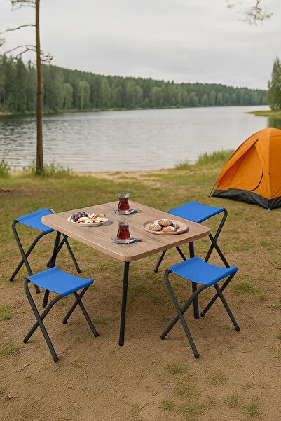 Exent 45X60 cm Kamp Sehpası + 4 Adet MAVİ Tabure Piknik, bahçe balkon sehpası...