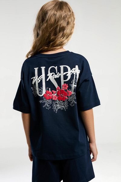 U.S. Polo Assn. Chelneriță cu model de flori pentru fete, bleumarin, cu decolteu, pantaloni scurți cu mânecă scurtă, pijamale T