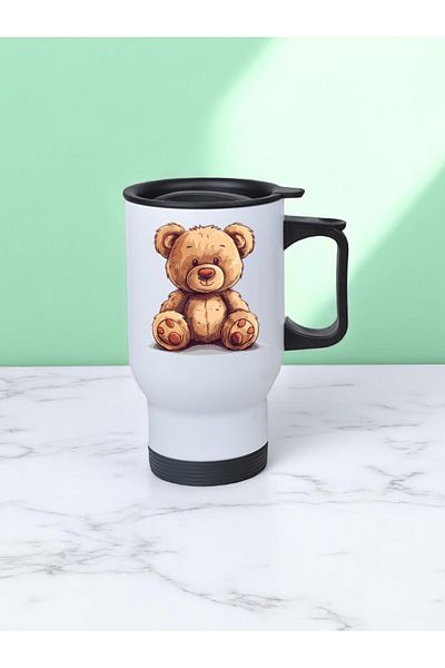 lili hediyelik Cute Teddy Bear Printed Steel Cup Thermos with Handle 450 ml