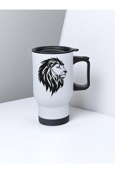 lili hediyelik Black Lion Printed Steel Cup Thermos with Handle 450 ml