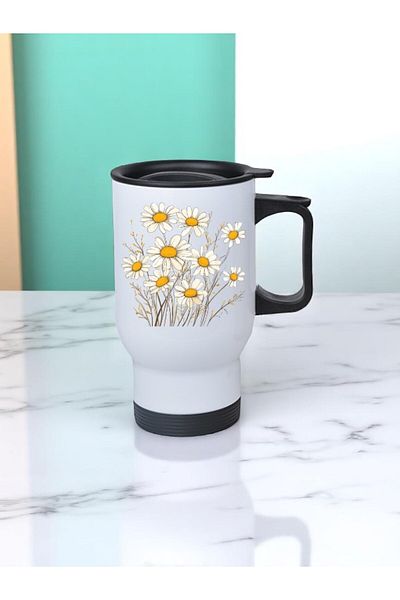 lili hediyelik Daisies Printed Steel Cup Thermos with Handle 450 ml