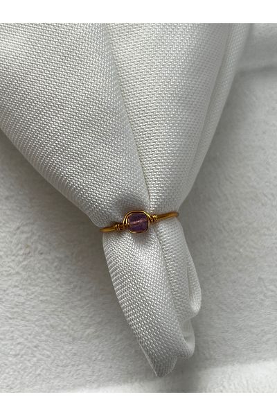 Pel Design Cube Amethyst Stone Adjustable Gold Color Wire Ring Handmade