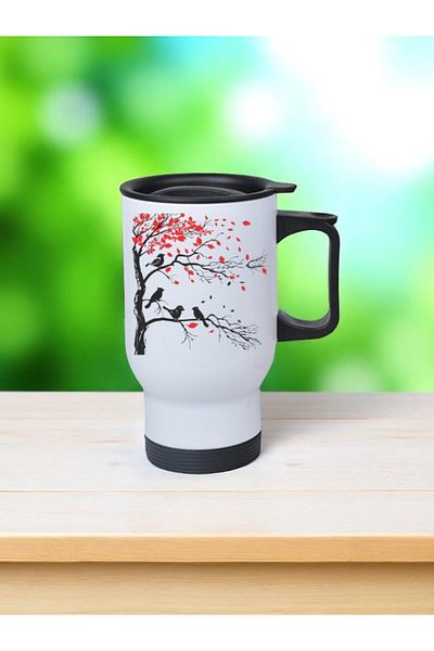 lili hediyelik Bird and Tree Printed Steel Cup Thermos with Handle 450 ml