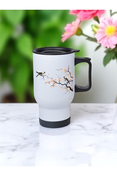 lili hediyelik Birds on Branches Printed Steel Cup Thermos with Handle 450 ml