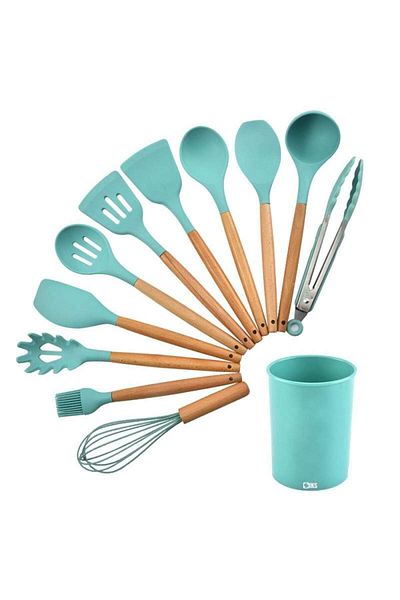 SIKS Set of 12 SIKS Food Grade Silicone Utensils, SPA12, With Wooden Handle, Turquoise