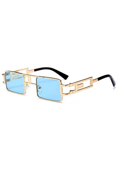 Tessero - Unisex Sunglasses, Square Model, Metal Frame, UV400, Blue Lens, Gold