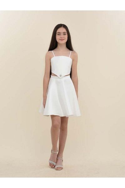 Zekids Girl's Shiny Fabric Low-Cut Detailed Short Evening Dress