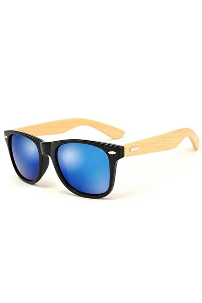 Tessero - Ochelari de soare Wayfarer Classic, model din lemn de bambus, protecție UV400, unisex, lentile albastre, negru