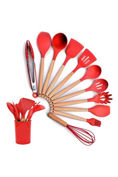 SIKS Set of 12 SIKS Food Grade Silicone Utensils, SPA12, With Wooden Handle, Red