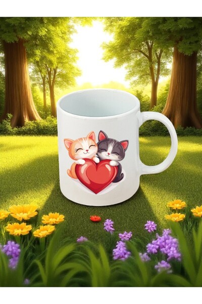 lili hediyelik Cute Cats with Hearts Printed White Mug - Birthday Gift for Da...