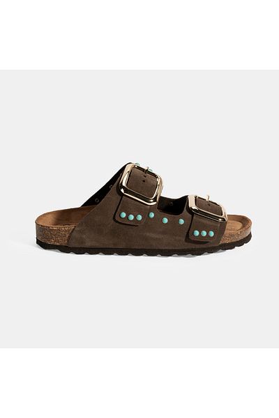 Desa Women's Brown Adjustable Buckle Suede Slippers
