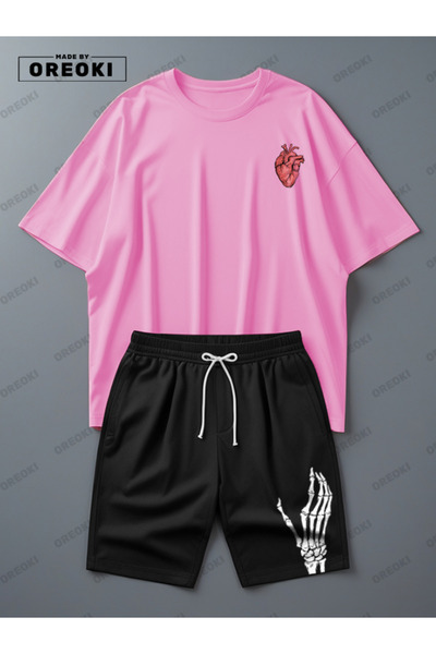 EFFRENATU Life Wish Printed Cotton Fabric Men's Pink T-Shirt-Black Shorts Set