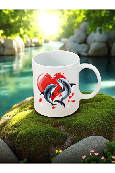 lili hediyelik Heart Dolphins Printed White Mug - Birthday Gift for Dad Souve...