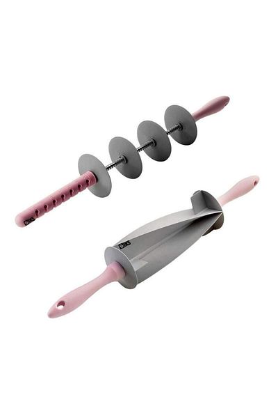 SIKS ® Dough Rolling Pin And Extendable Dough Cutter Set, 4 Cutting Rollers, Pink/grey