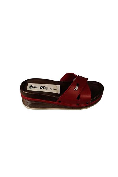 Yaz Kış Ayakkabı Yazkiş Women's Black Red Copper 5cm Wedge Cork Sole Slippers