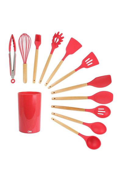 SIKS Set of 12 SIKS Food Grade Silicone Utensils, SPA12, With Wooden Handle, Red