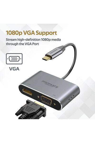 Promate Best High Definition USB-C Display Adapter Supports 4K HDMI Video with 1080p VGA Support