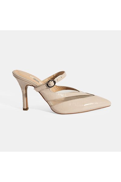 Desa Women's Cream Adjustable Buckle Leather Evening Dress Heeled Slippers