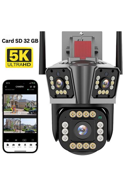 Spionescu Triple surveillance camera 5K, WIFI, 12MP, 32 GB, PTZ, CCTV, 10x zoom
