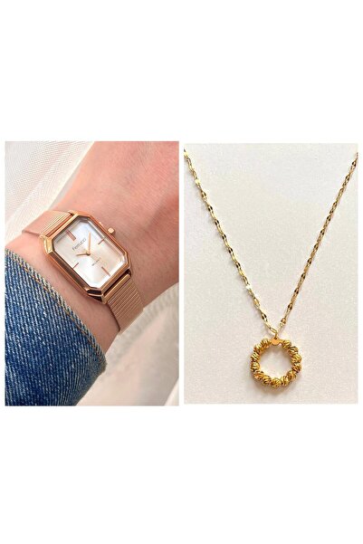 Ferrucci Dikdörtgen Kasa Şık Hasır Kordon Kadın Kol Saati+%100 Çelik Kolye He...