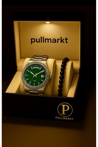 pullmarkt مجموعة سوار + ساعة يد رجالية بتقويم مزدوج